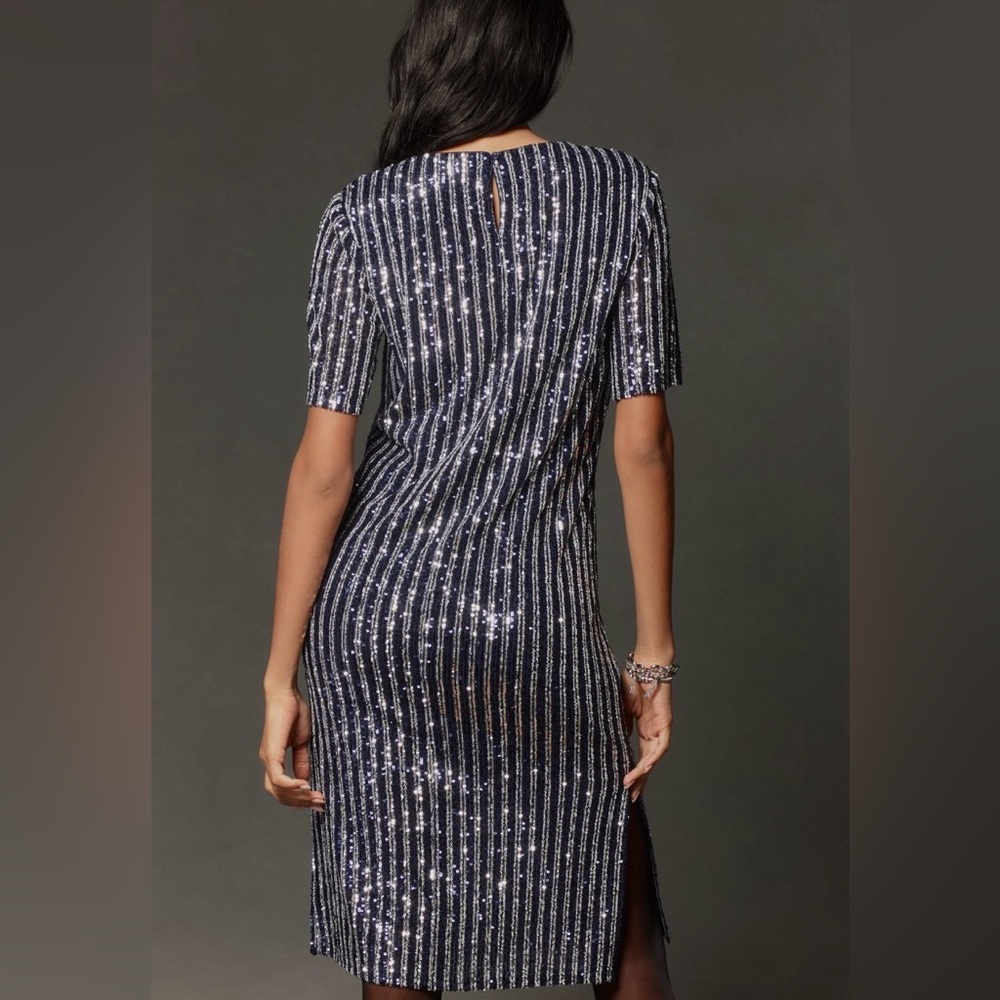 Anthropologie Flat White Short-Sleeve Sequin Stripe Shift Midi Dress small - Picture 3 of 14